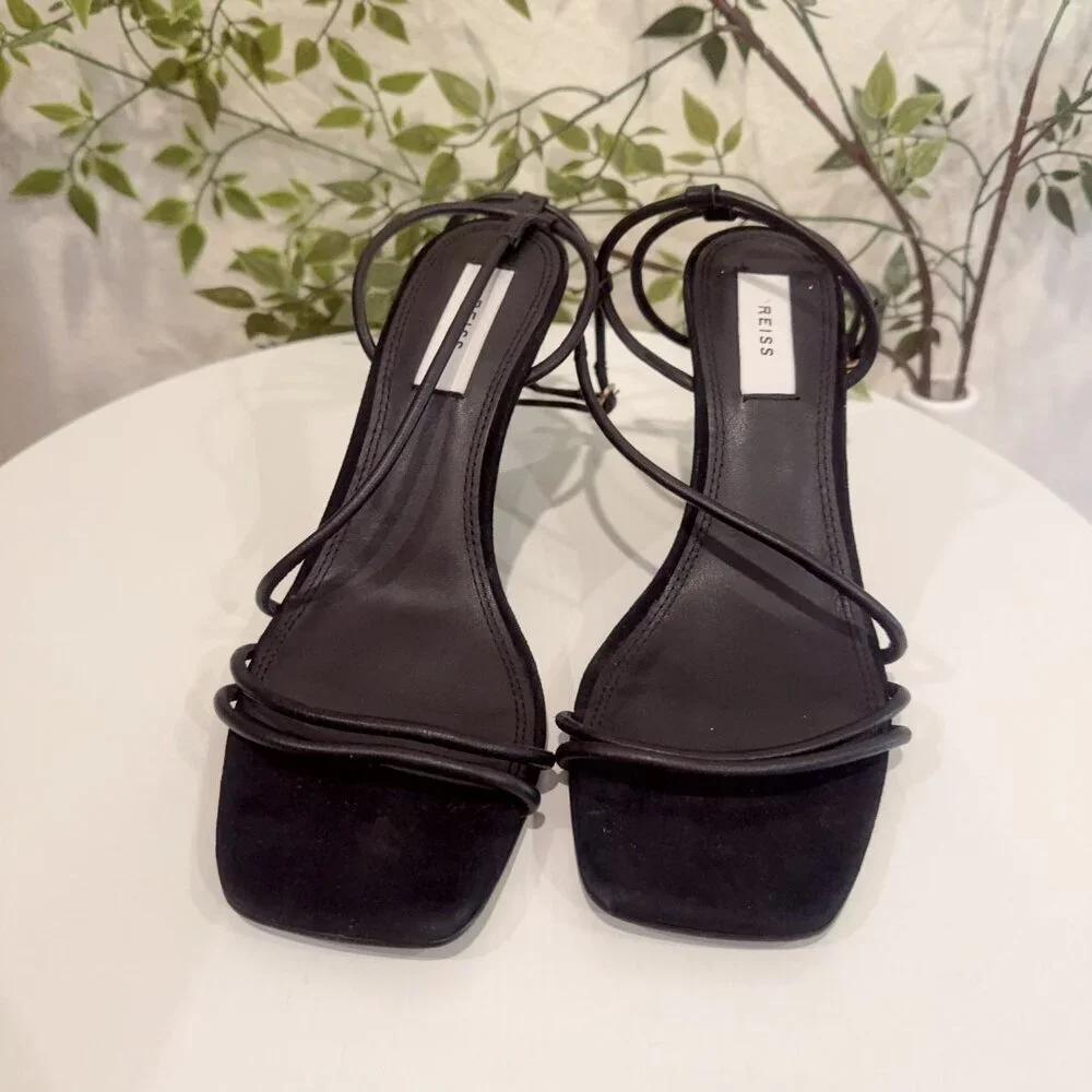 SAMPLE PIECES REISS Black Leather Kali Wedge Leather Strappy Wedge Sandal